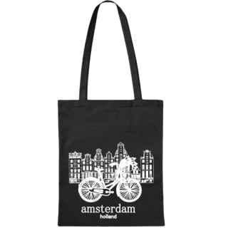 White bicycle with canals buildings black tote bag White bicycle with canals buildings black tote bag