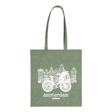 White bicycle with canals buildings green  tote bag